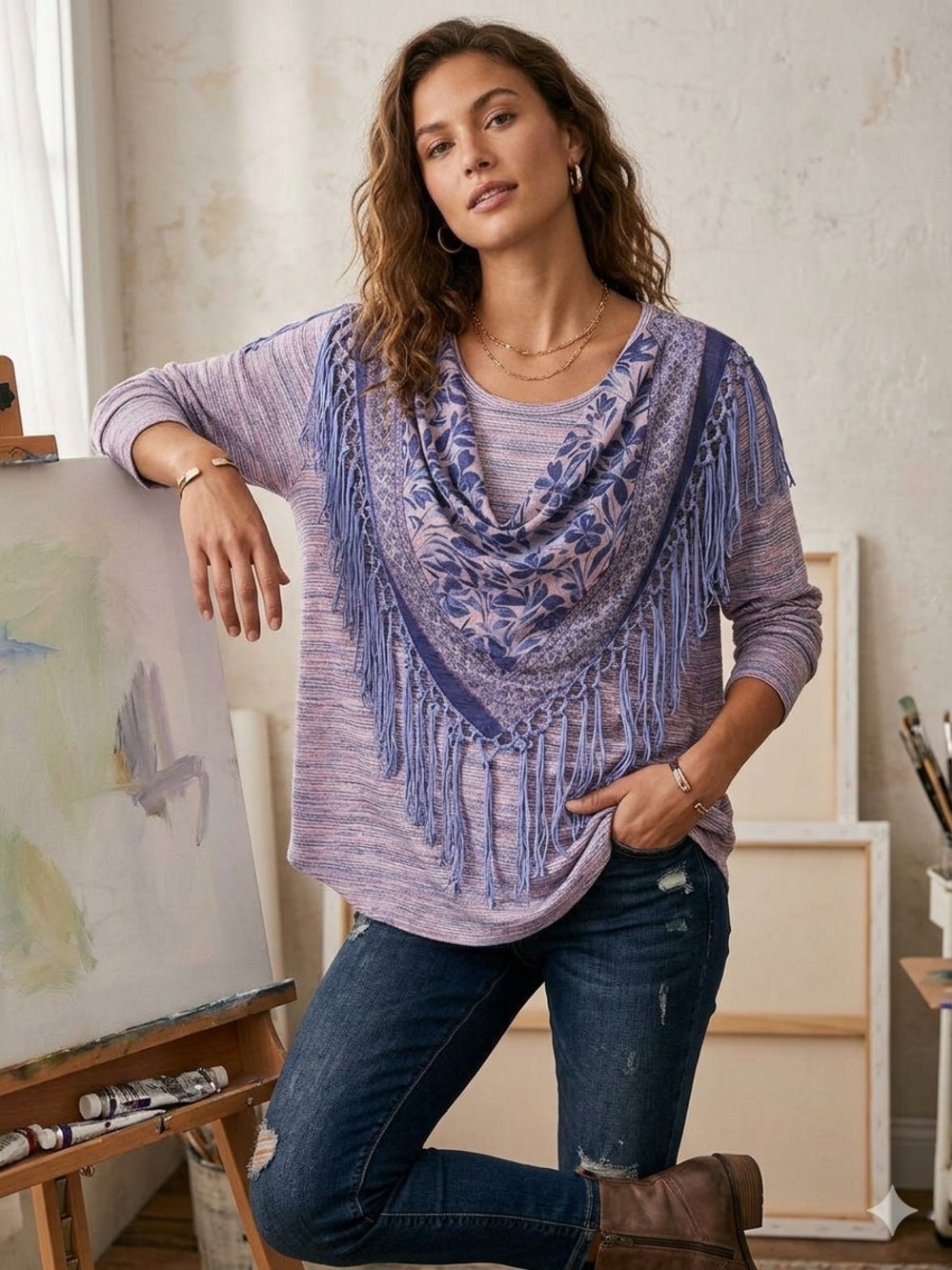 ONE WORLD Lavender Mix Knit Fringe Scoop-Neck Sweater